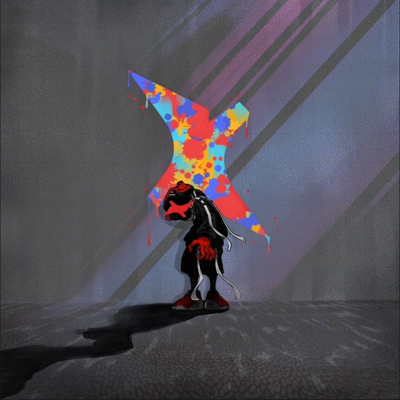 Abstract illustration of a character with a helmet and colorful paint splashes forming an 'X'