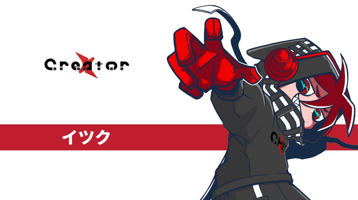 Anime character with red hair and headphones pointing forward