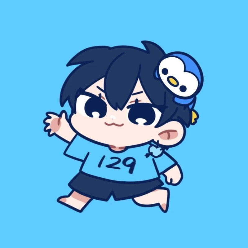 Chibi character boy with a penguin-like character on his head