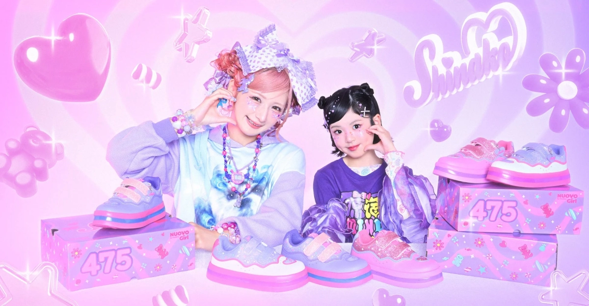 Two models wearing the Shinako x NUOVOgirl collaboration shoes in pink and purple