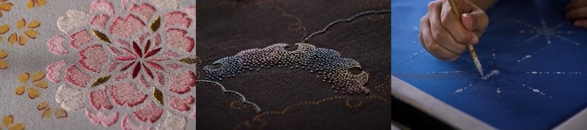 A close-up of intricate traditional Japanese handcrafts, including cherry blossom embroidery, beaded fabric, and an artisan painting a pattern with a brush