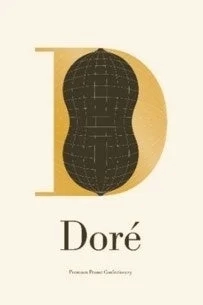 A minimalist logo featuring a golden 'D' combined with a peanut-like shape, alongside the brand name 'Doré Premium Peanut Confectionery'.