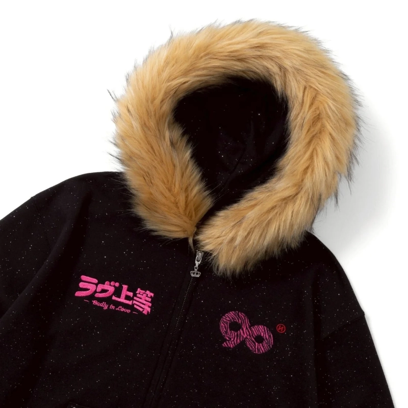 90 Logo Glitter Fur Zip Hoodie Detail 1