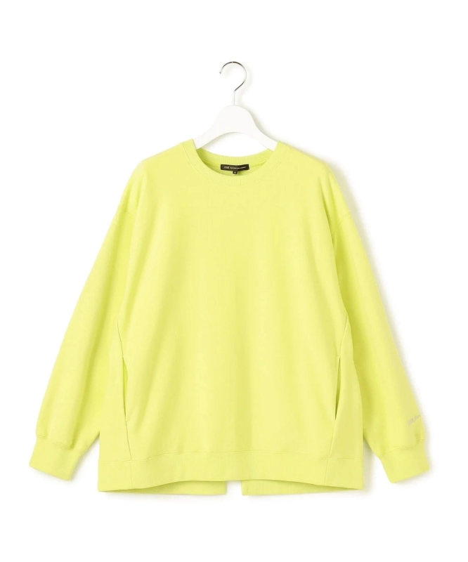 A bright lime green sweatshirt hanging on a white hanger.