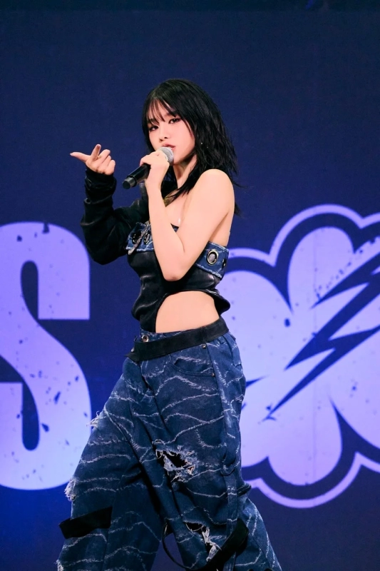 Female singer performing on stage with a microphone, wearing a crop top and ripped jeans