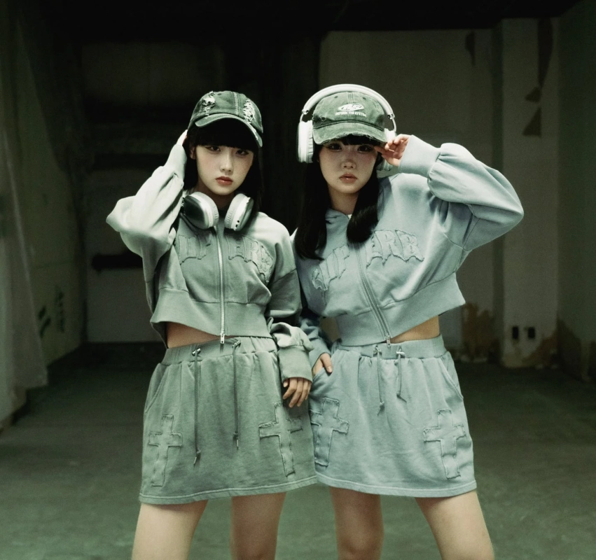 Short-Length Zip Hoodie and Cross Motif Mini Skirt