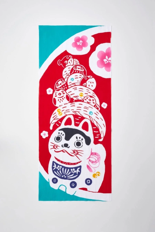 A vibrant Japanese-style illustration featuring Maneki Neko and Daruma figures, adorned with plum blossoms and other auspicious elements.