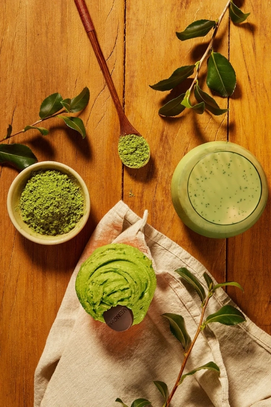 Matcha Powder, Gelato, and Drink on Wooden Table