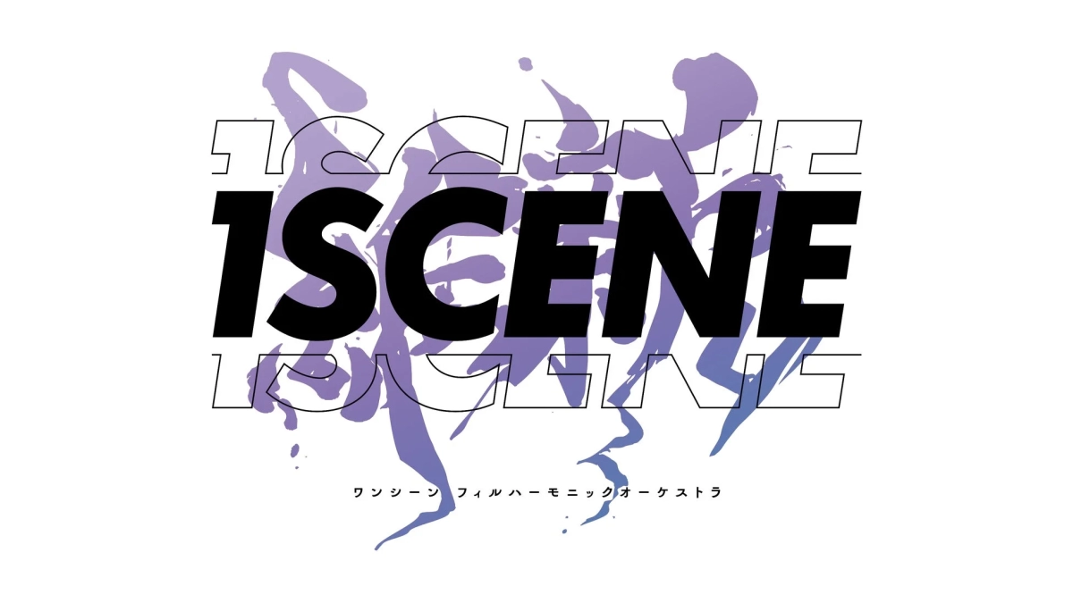 The logo for '1SCENE One Scene Philharmonic Orchestra' featuring abstract purple ink-like patterns.