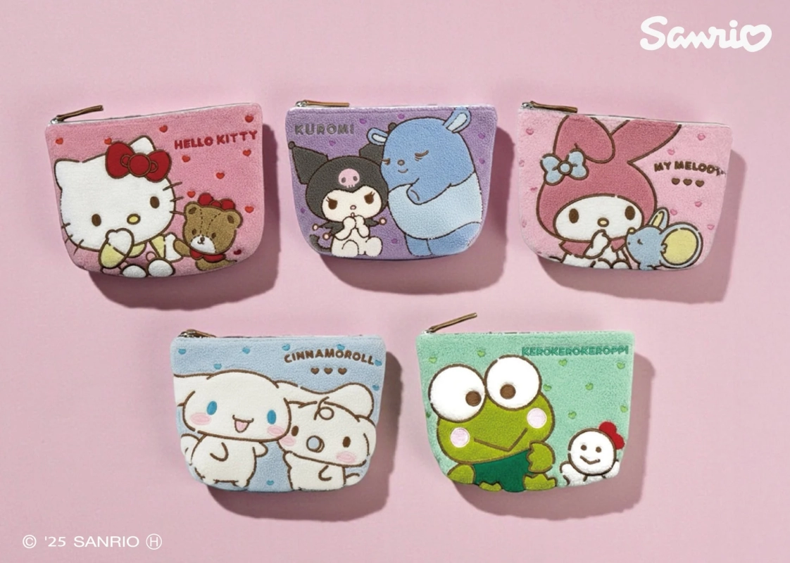 Variety of Sanrio Sagara Pouches featuring Hello Kitty, My Melody, Kuromi, Cinnamoroll, Kerokerokeroppi