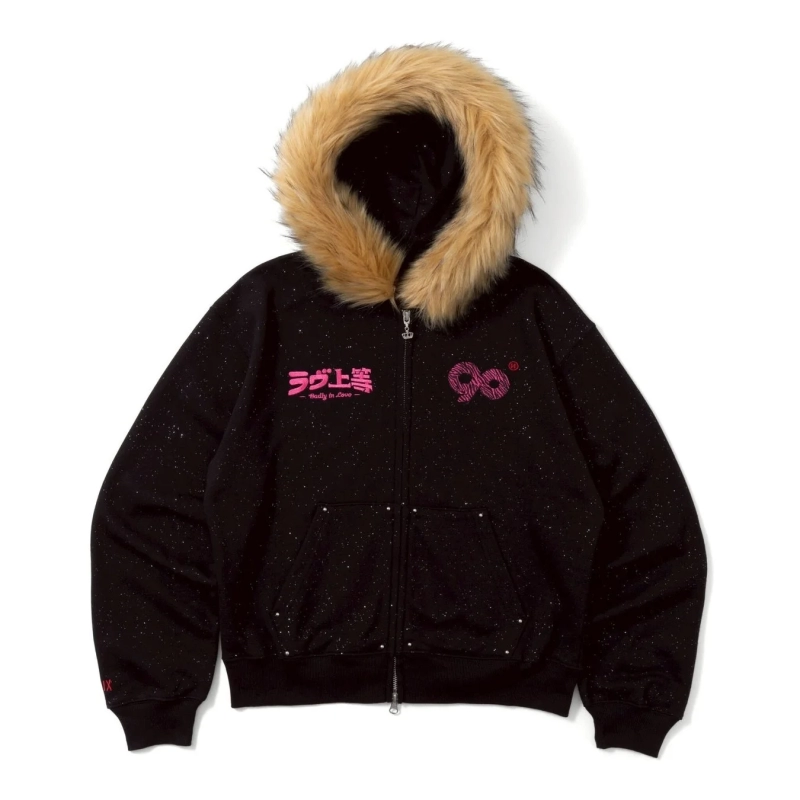 90 Logo Glitter Fur Zip Hoodie Front