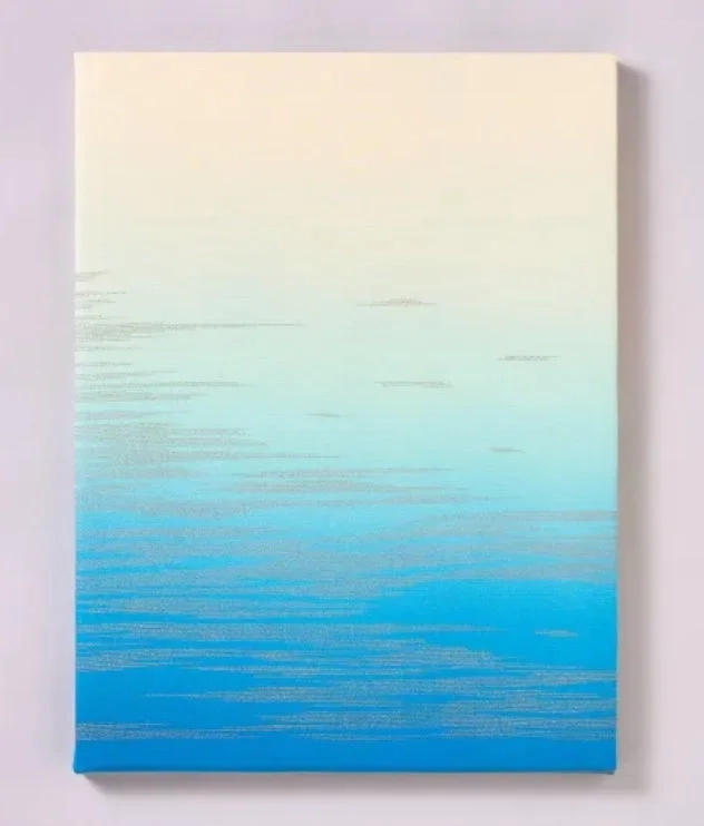 An abstract painting with a gradient from light yellow at the top to vibrant blue at the bottom, evoking water or sky