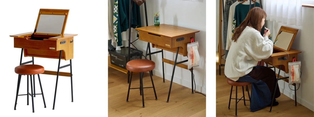 A compact wooden dresser with a matching stool, shown with its mirror open and closed.