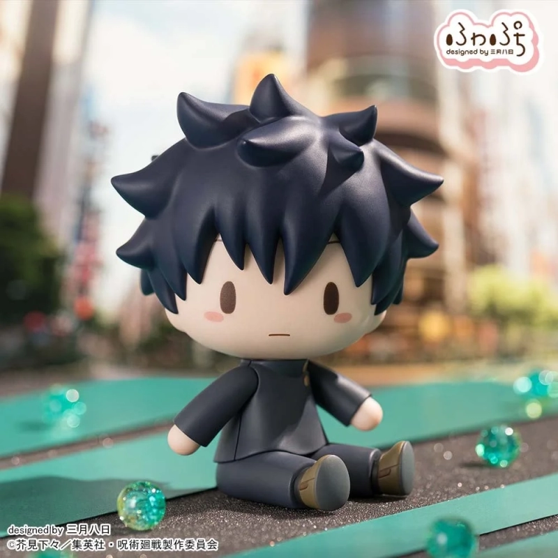 Megumi Fushiguro Fuwapuchi figure sitting with a green orb in a cityscape setting