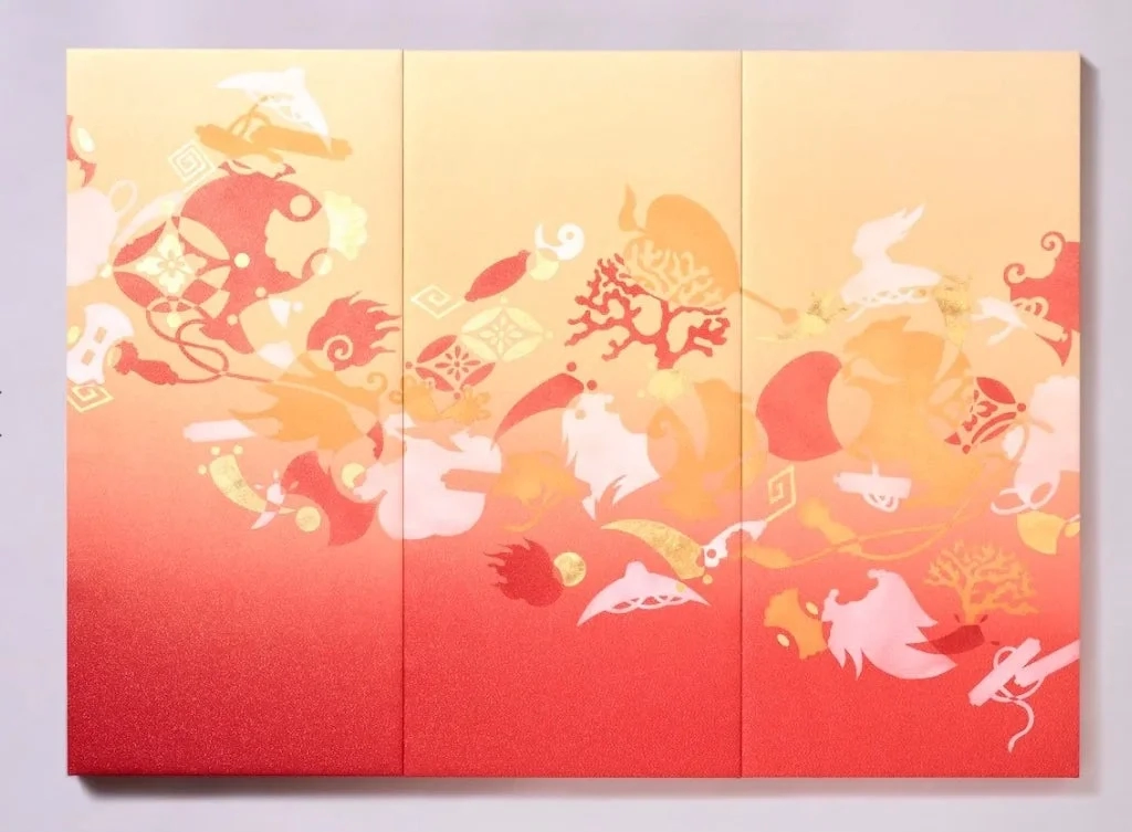 A three-panel decorative painting with a red-to-yellow gradient background, featuring traditional Japanese motifs like fans, lanterns, and rabbits