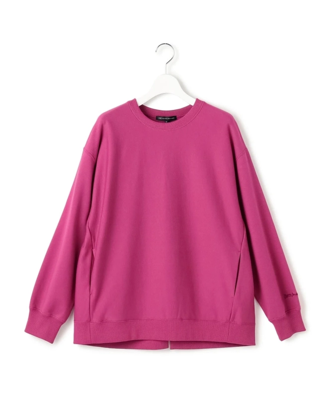 A vibrant pink sweatshirt hanging on a white hanger.