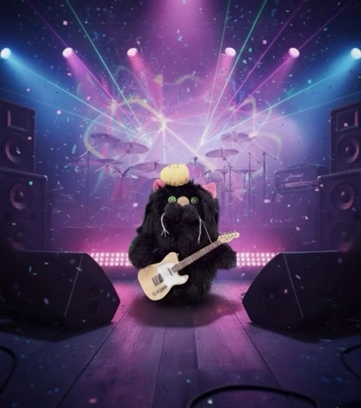 A black cat plushie playing a guitar on a concert stage with lights and confetti