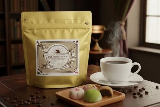 Warm coffee and wagashi on a table with a gold coffee bean package