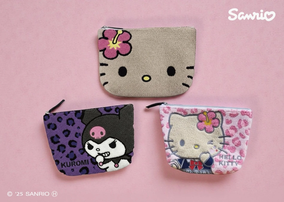 Close-up of Sanrio Sagara Pouches with various patterns
