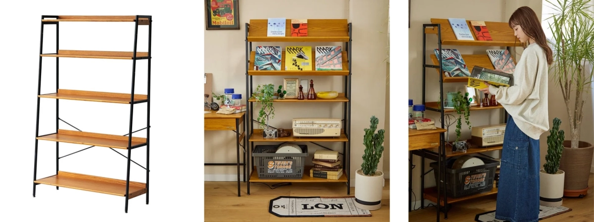 A tall, open-concept wooden and metal shelf with adjustable display angles for books.