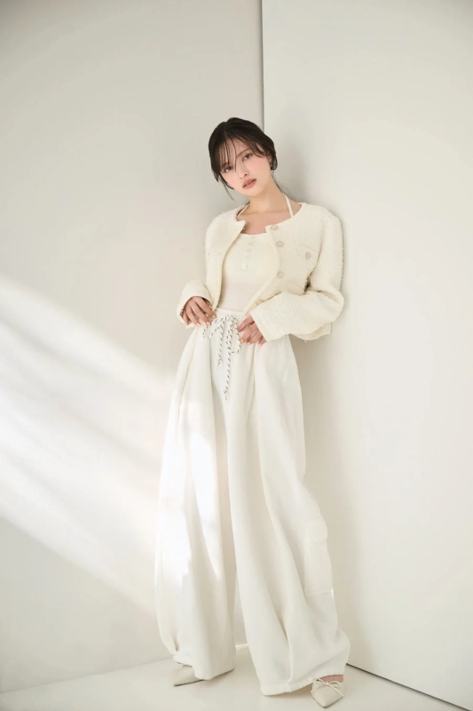 White tweed jacket and wide pants