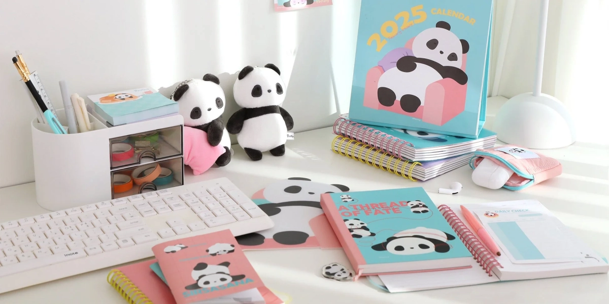 Panda character stationery and desk items
