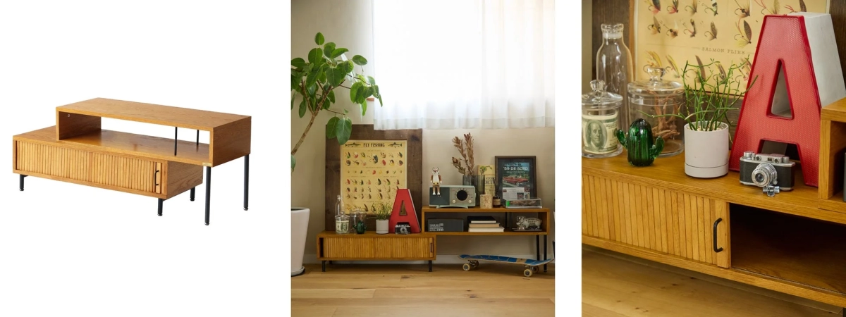 A wooden TV board with sliding jalousie doors and black metal legs, shown in an adjustable configuration.