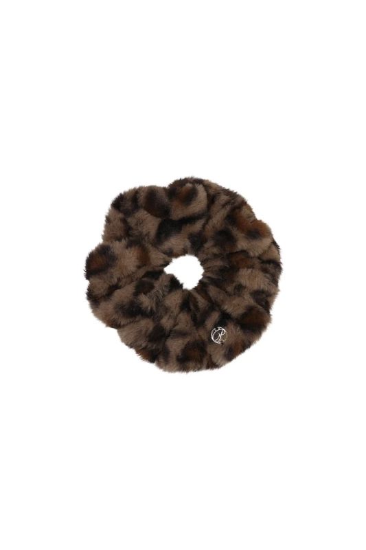 A brown leopard print faux fur scrunchie with a small silver charm is shown against a white background.