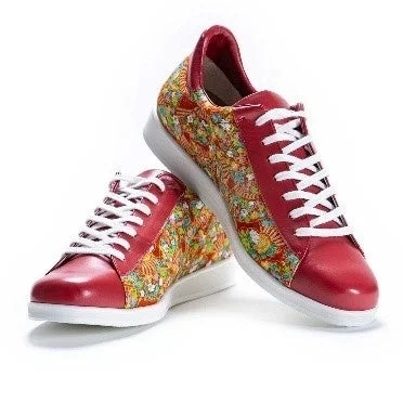 A pair of red patterned kimono sneakers