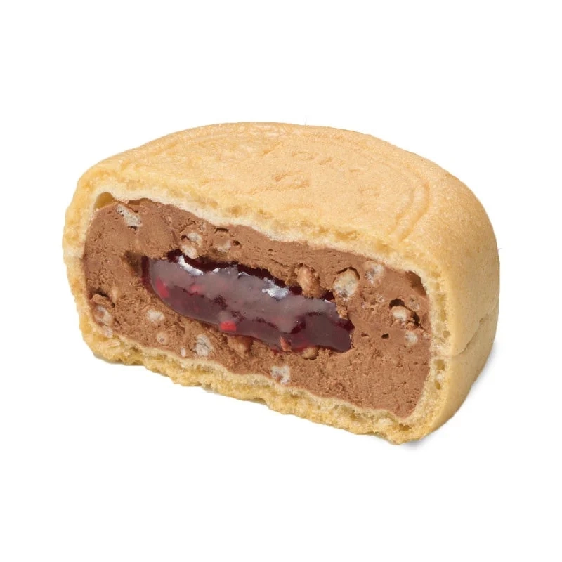 Cross-section of HIBIKA Monaka showing chocolate and red jelly filling