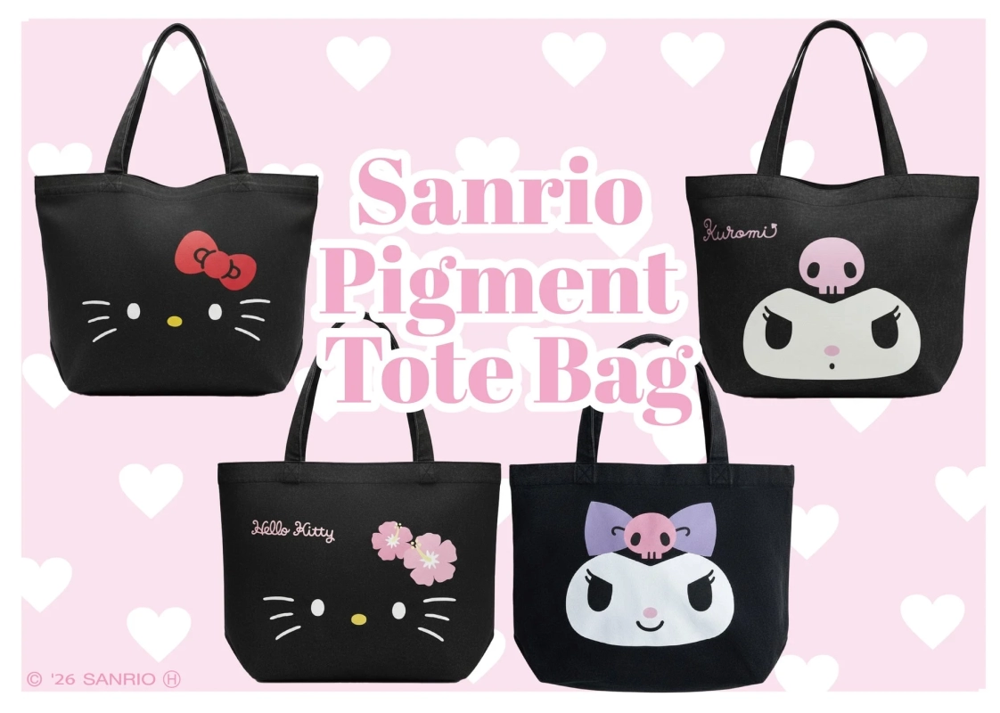 Close-up of four Sanrio Pigment Tote Bag designs