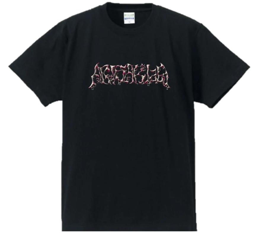 Black T-shirt with pink and white graphic