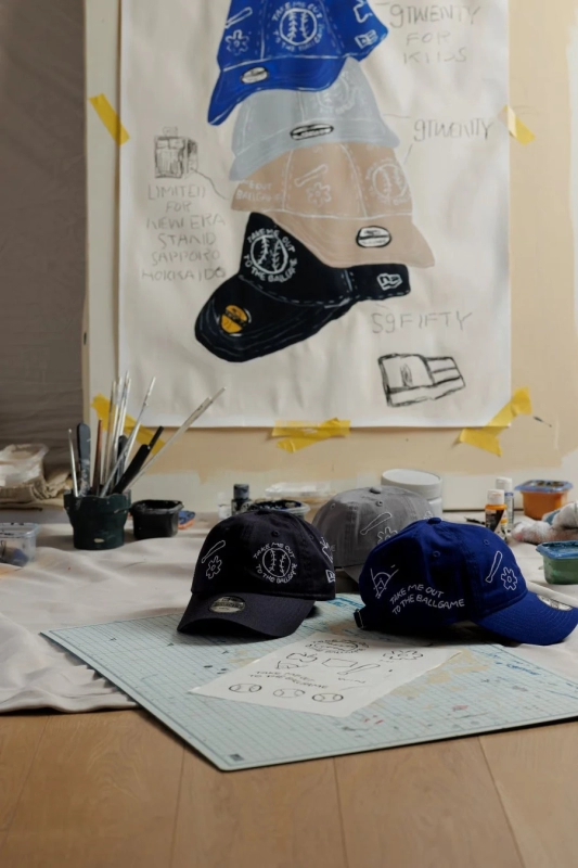 Caps and art in studio environment