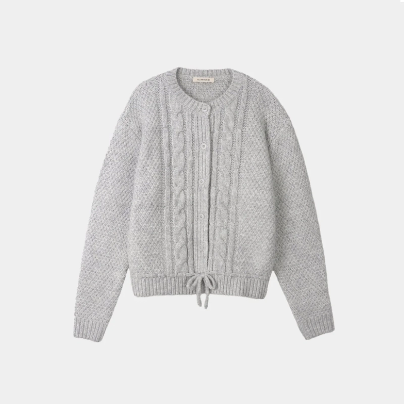 A gray cable knit cardigan with a round neck and front buttons.