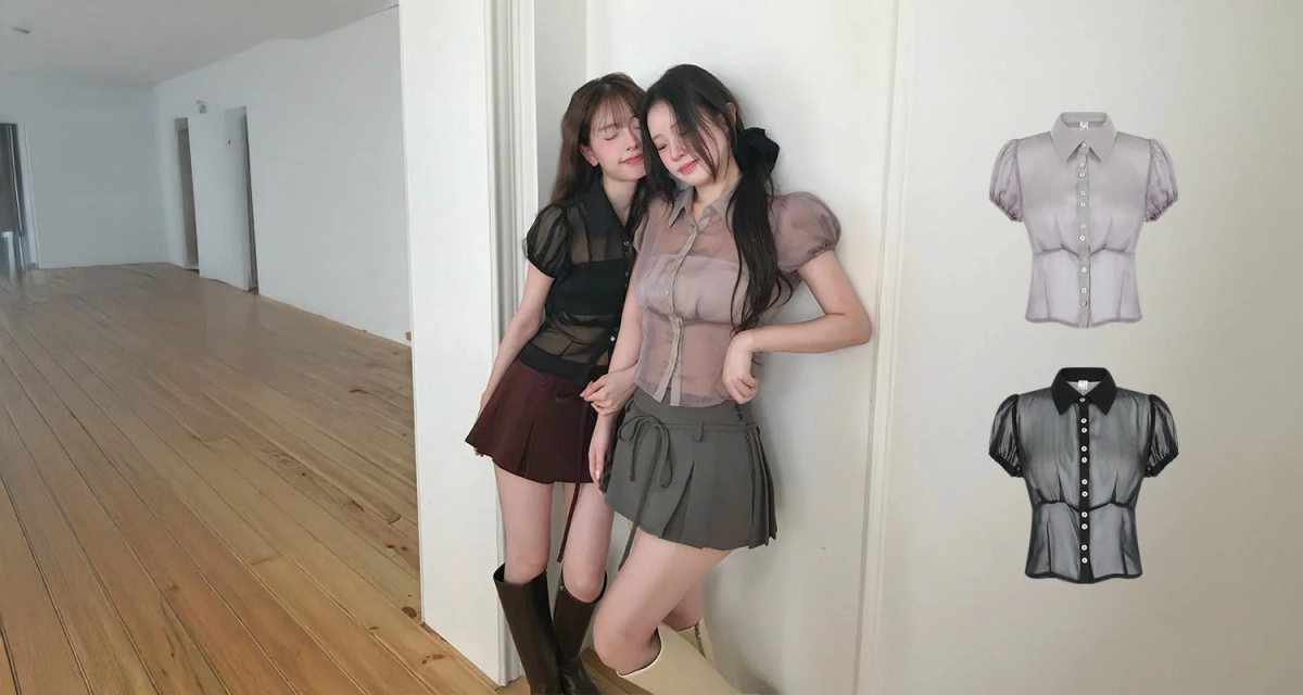 Sheer blouse, mini skirt, two women
