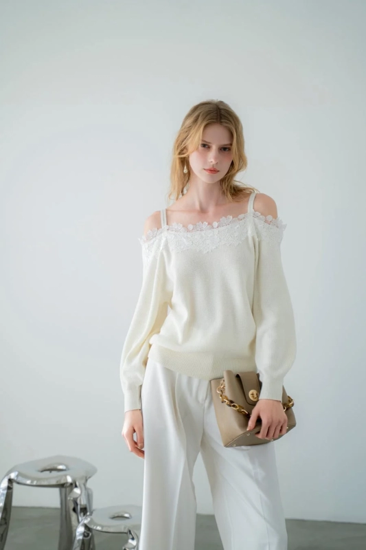 White Off-Shoulder Knit with Wide Pants