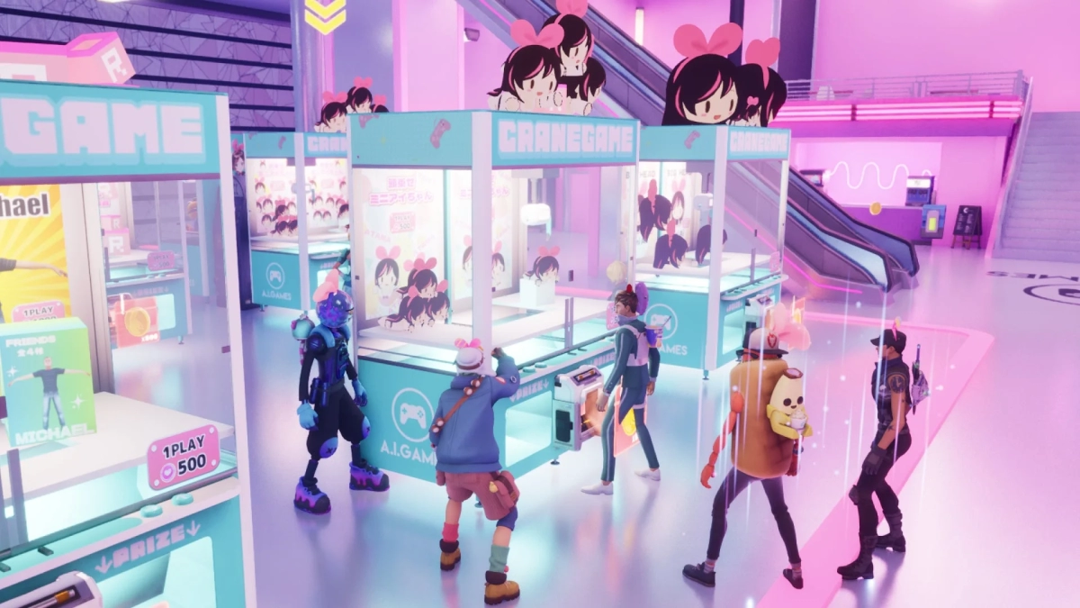 Crane game in a neon-lit arcade