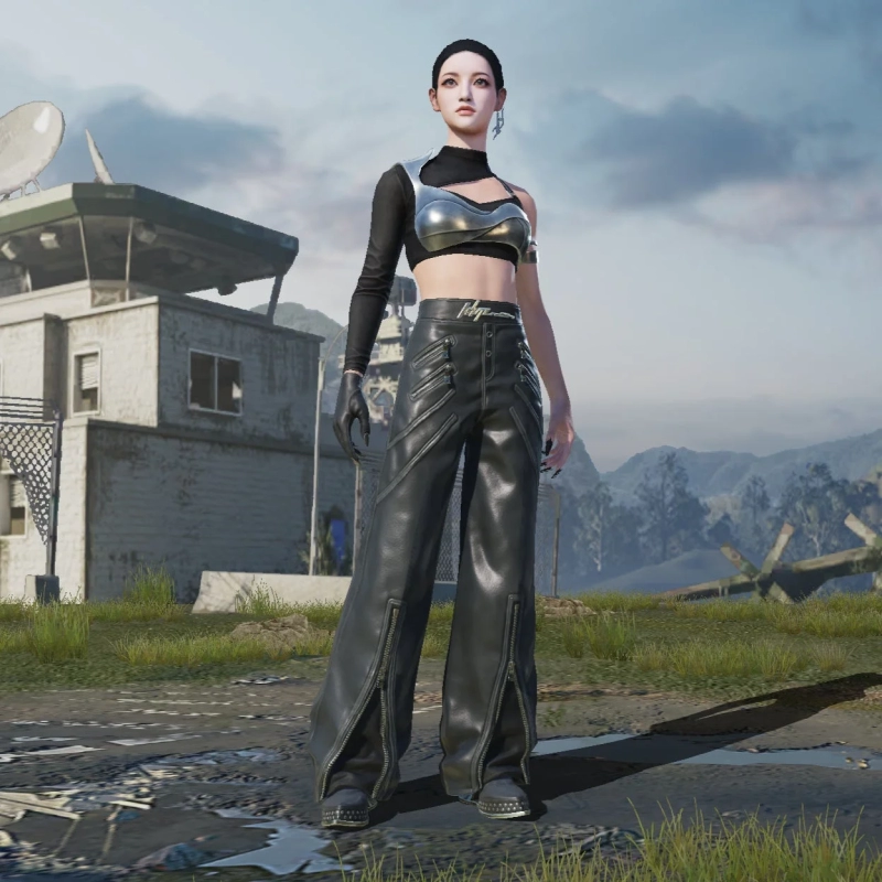Metallic top, leather pants, female character