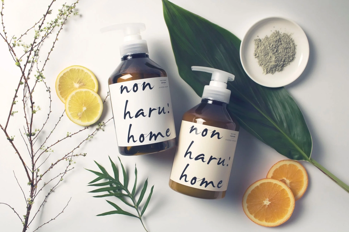 non haru:home product bottles with natural elements