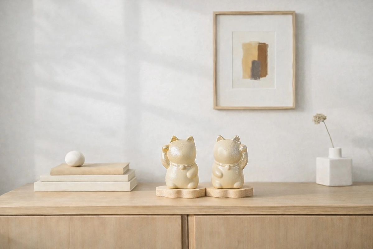 Maneki Neko URUSHI 漆 on a wooden cabinet