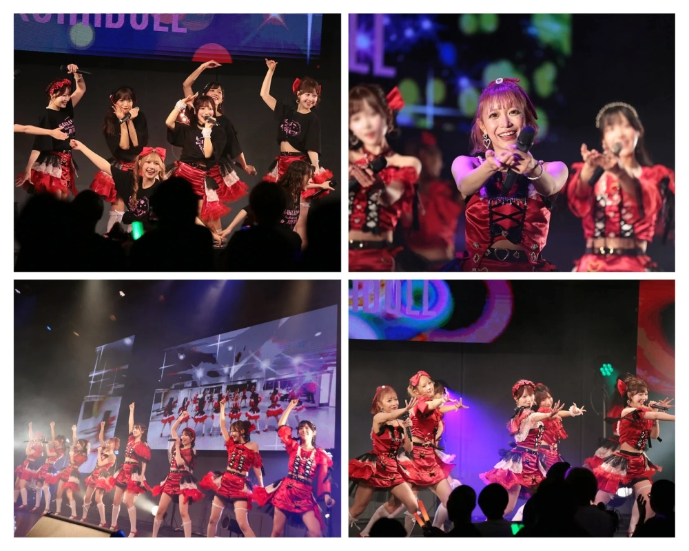 SAKURADOLL performing on stage in red and black costumes