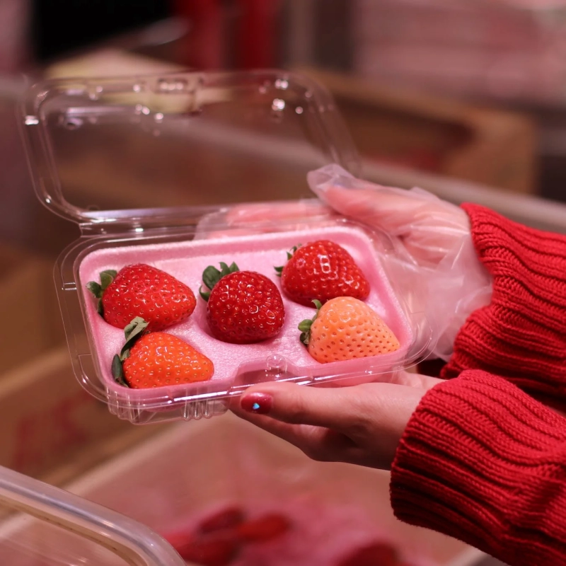 Person holding a pack of strawberries