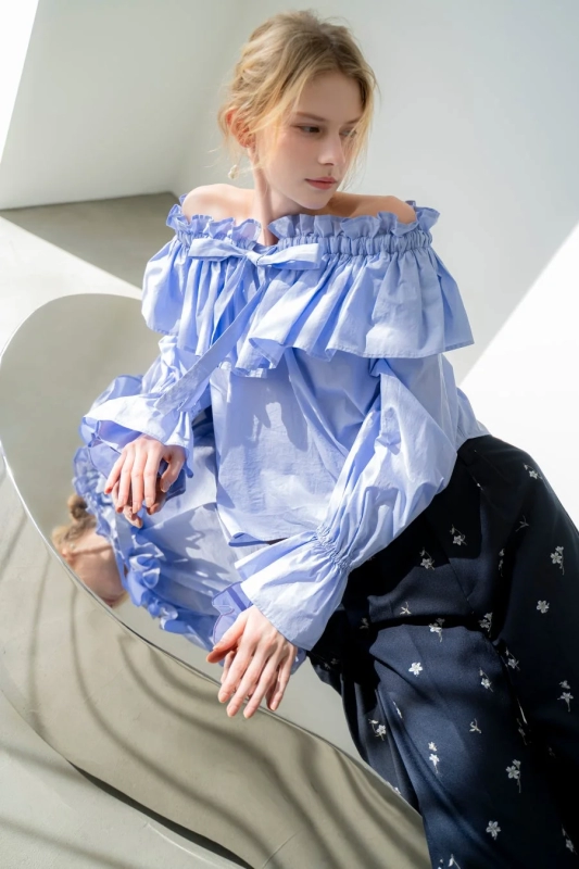 Pale Blue Off-Shoulder Blouse with Floral Pants