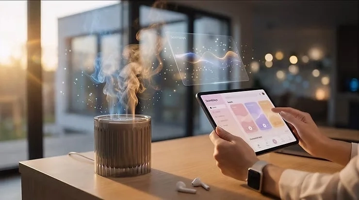 A smart home setup showing an aroma diffuser connected to a tablet and other smart devices, with 'Scentdays' displayed as a hologram.
