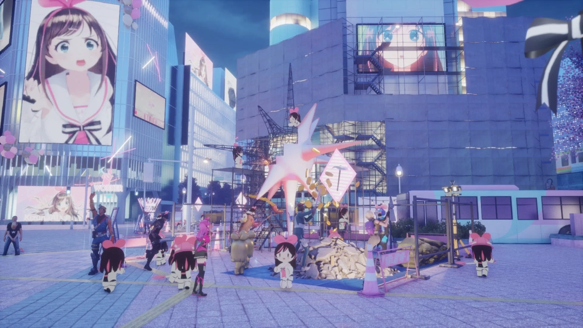 Mini Kizuna AI characters gathering in a vibrant city square