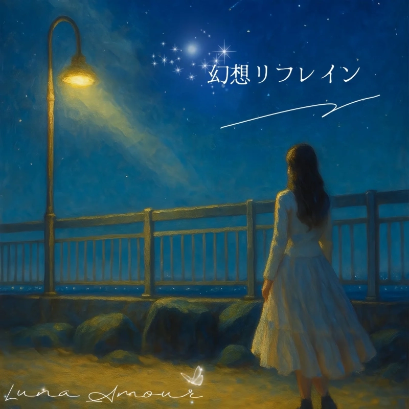 An illustration of a woman gazing at a starry sky and sea on a night coast, illuminated by streetlights. 'Gensou Refrain' and 'Luna Amour' are visible.