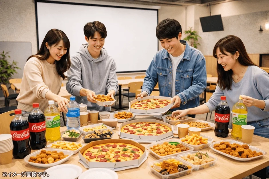 Young people enjoying pizza, fried chicken, snacks, and drinks around a table.