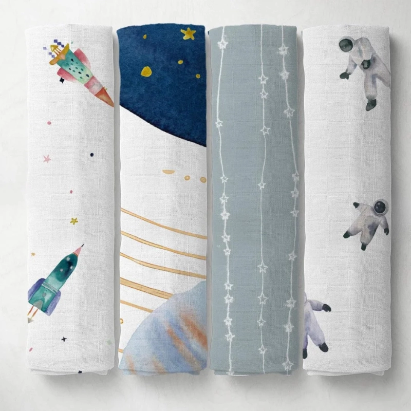 Multiple Space-themed baby textiles