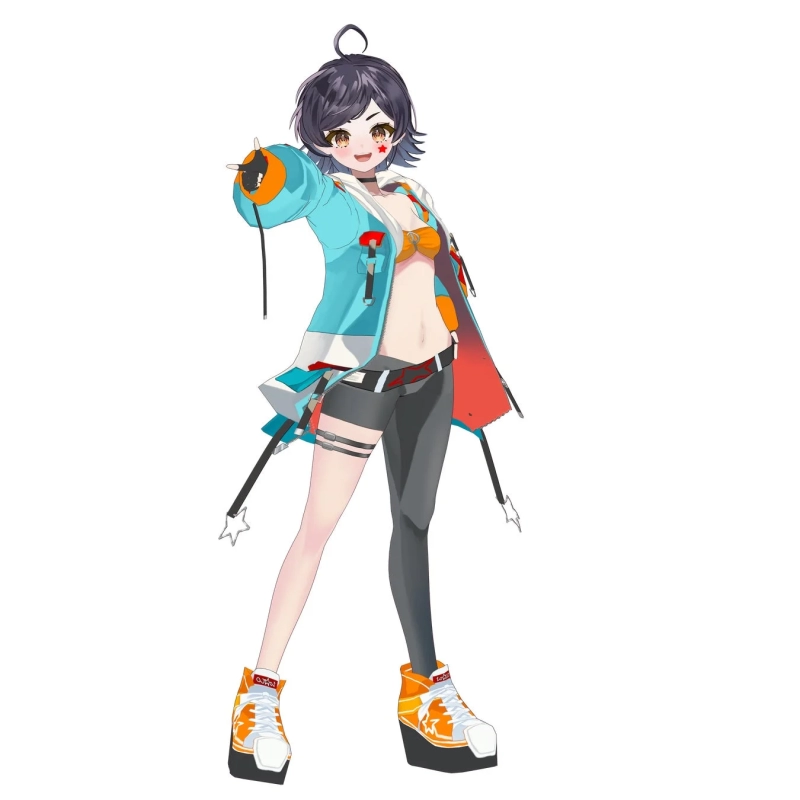 水色のジャケットとオレンジ色のトップスを着用したアニメ風の少女キャラクター