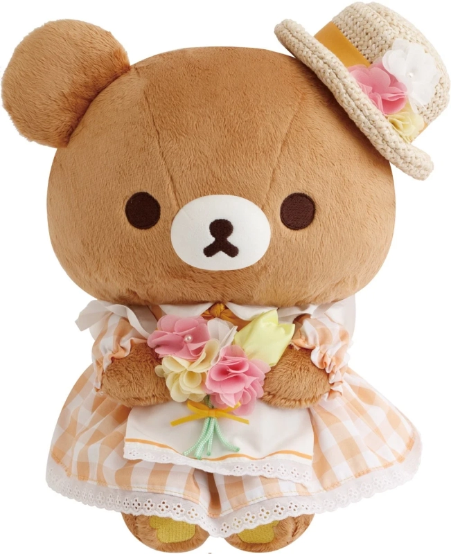 Rilakkuma plushie with straw hat and flowers